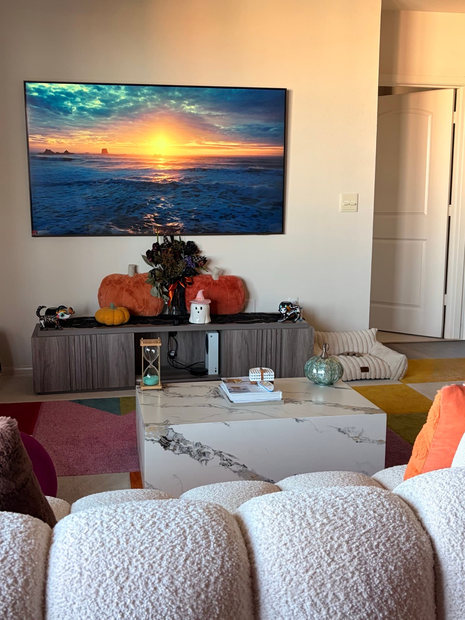 Living room seating and dining area