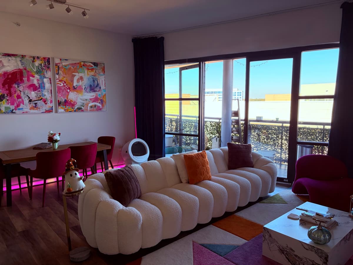 Designer living room with balcony views