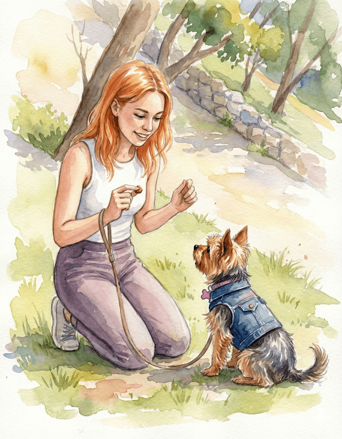 Watercolor illustration of a woman training her dog
