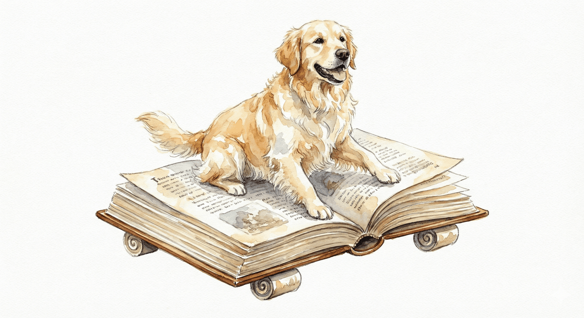 Watercolor illustration of a dog resting on a book
