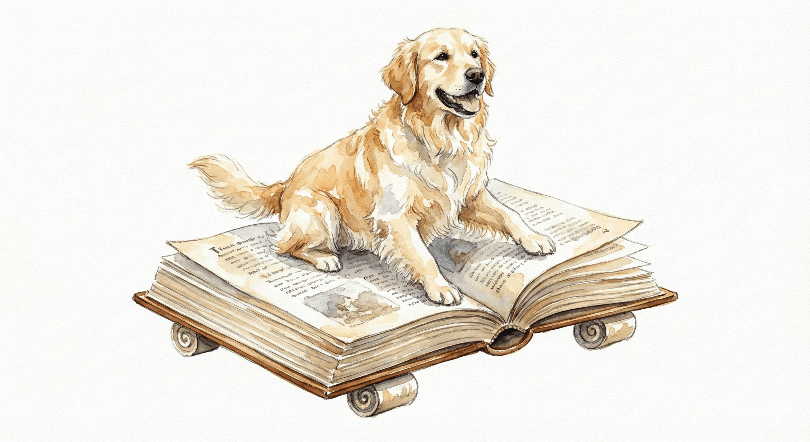 Watercolor illustration of a dog resting on a book