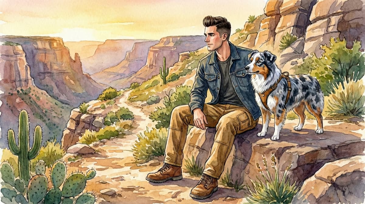 Watercolor illustration of a handler with an Australian Shepherd